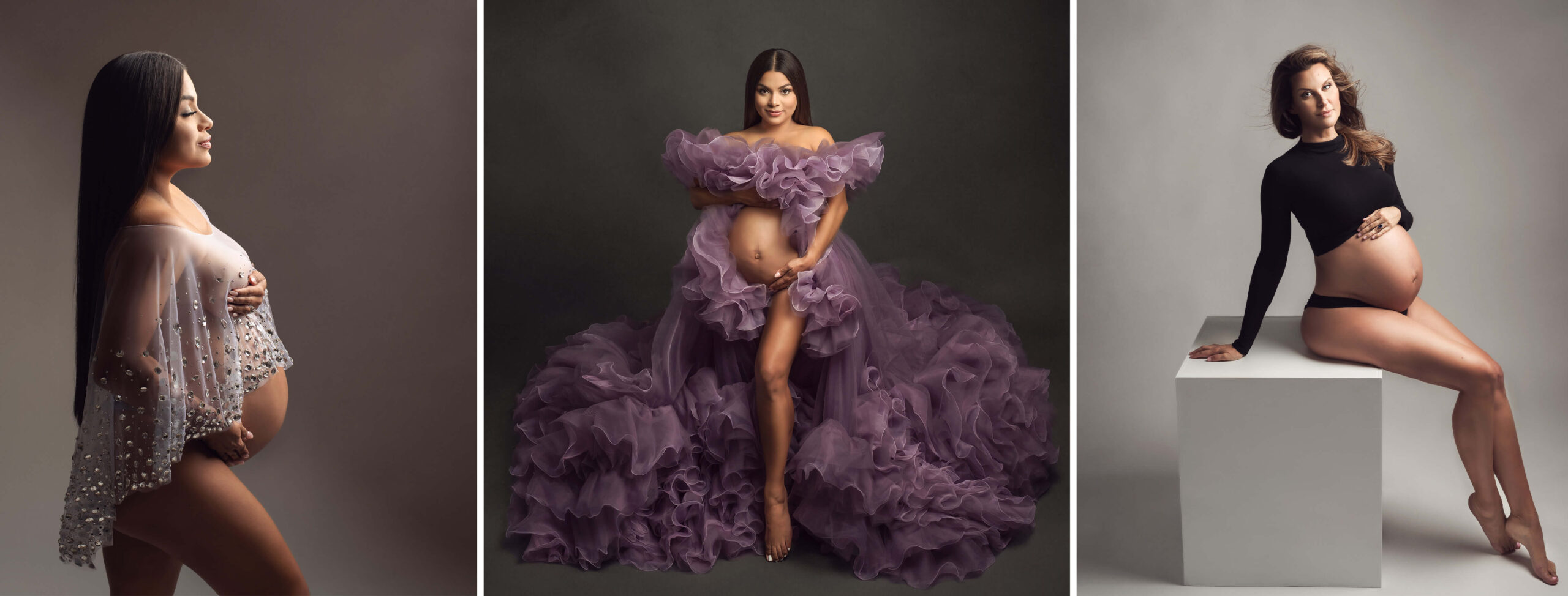 Maternity Photographer photographing beautiful women in gorgeous dresses at a photography studio in South Florida